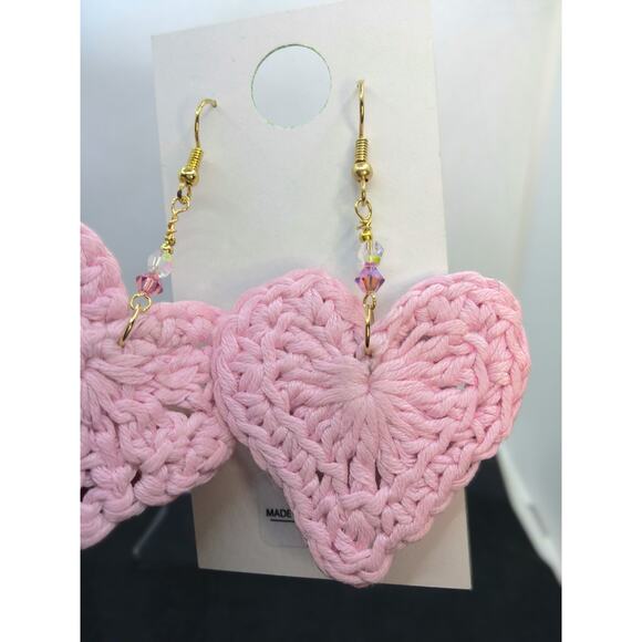 Artisan Pink Crochet Heart Earrings Statement Dangle Pink Swarovski Crystals NEW - Picture 5 of 6